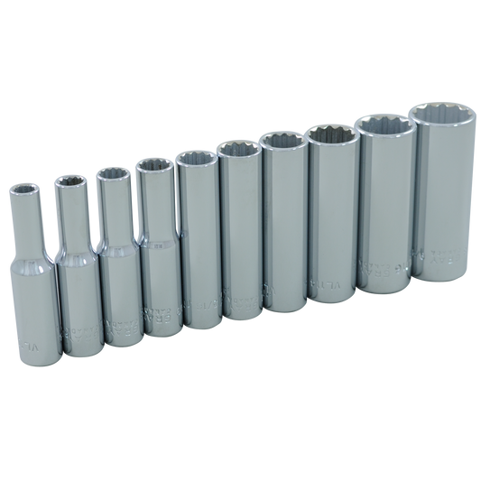 1/4 Dr. 10 Piece 12 Point Deep SAE Socket Set